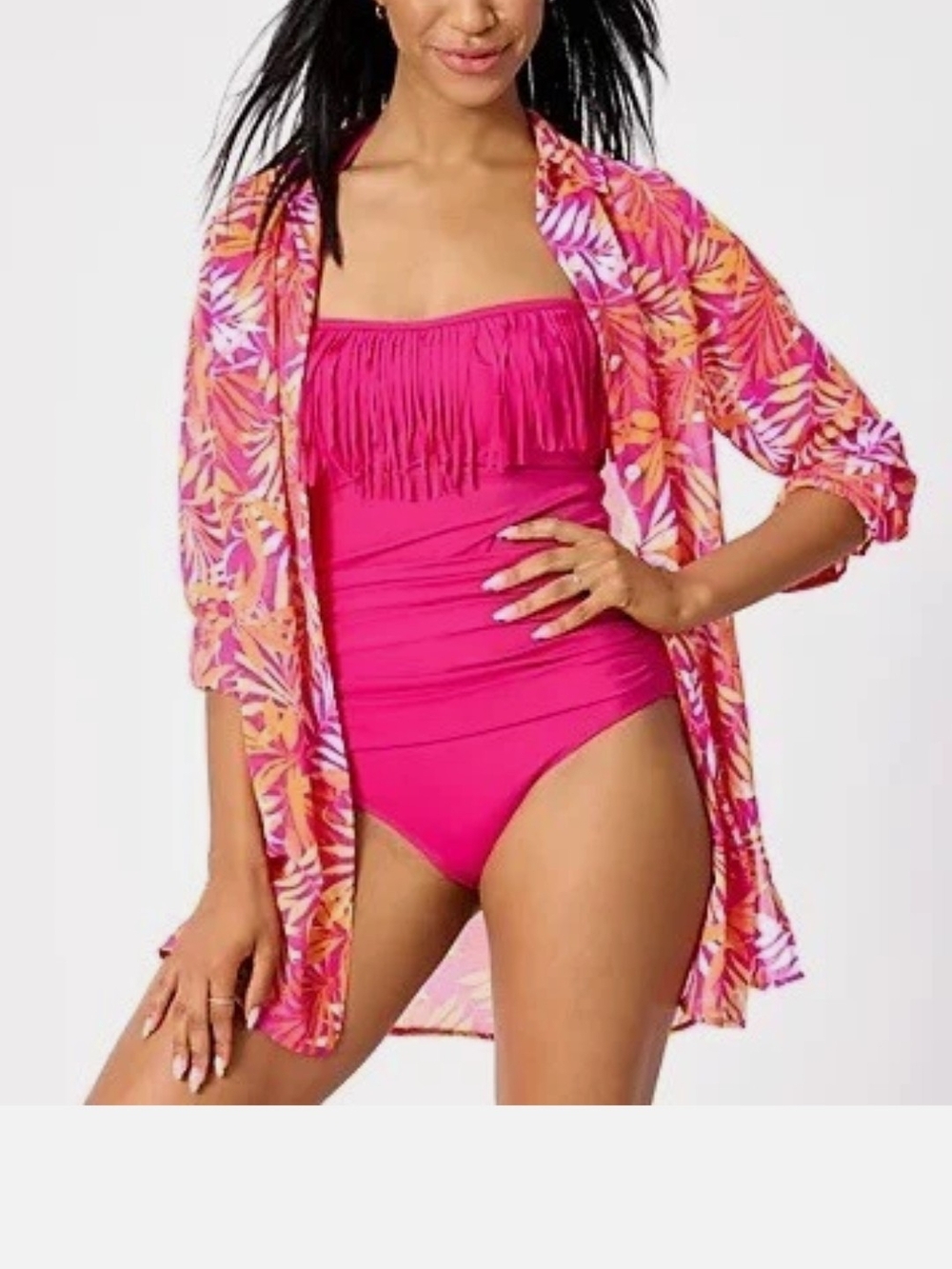 Belle Beach Tropical Print Button-Up Shirt/Cover-up in Magenta and Orange